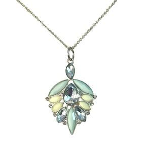Icy Blue Tones Intricate Pattern Rhinestone   Silver Tone Pendant Necklace